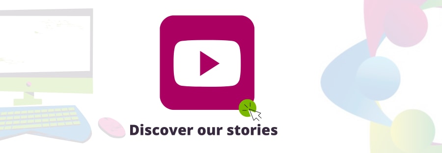 Discover our stories image tile. Desktop monitor. YouTube icon. Click here icon.