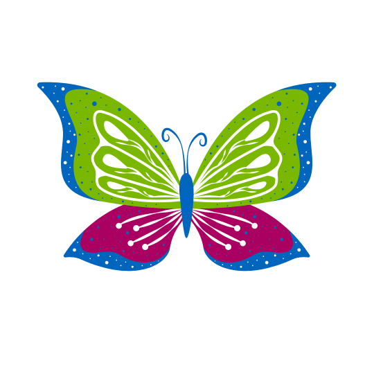 Blue, green and pink butterfly.