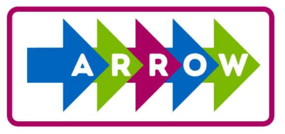 Arrow logo. Arrows for each letter of the word ARROW in pink, green and blue.