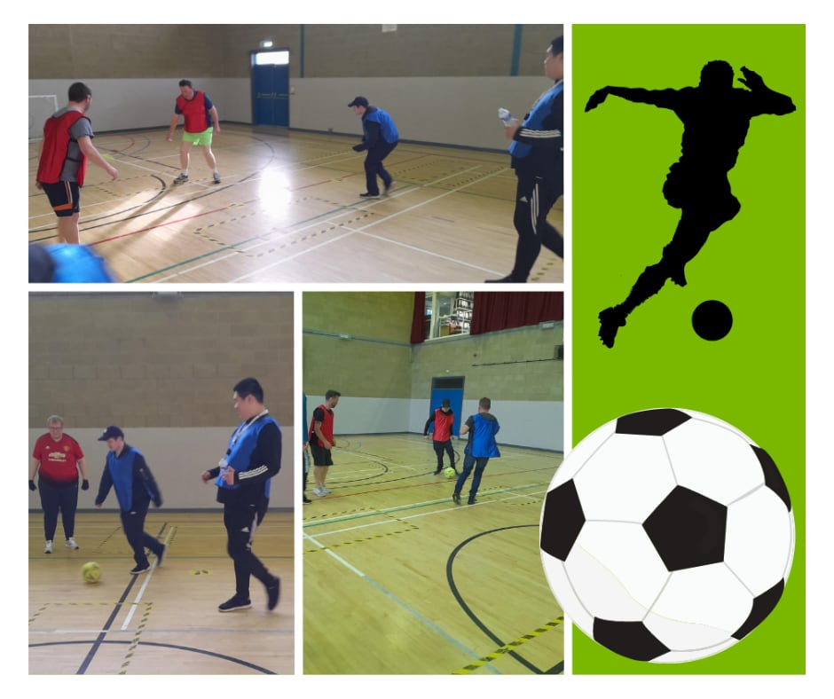 IW Team playing football in hall. Cartoon football and footballer silhouette.